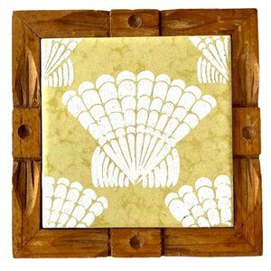 VTG Dal Tile Mexican Ceramic Beige/White Tile Trivet/Hot Plate Carved Wood Frame